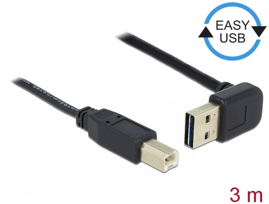 Imagine Cablu EASY-USB 2.0 tip A unghi sus/jos la USB-B T-T 3m Negru, Delock 83541