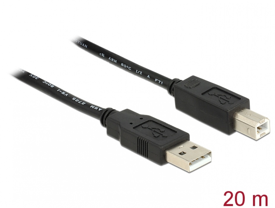 Imagine Cablu USB 2.0 A la tip B imprimanta activ 20m T-T, Delock 83557