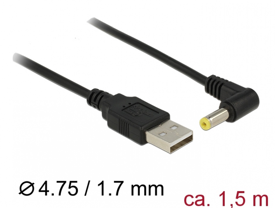 Imagine Cablu de alimentare USB la DC 4.75 x 1.7 mm 90 grade 1.5m, Delock 83576