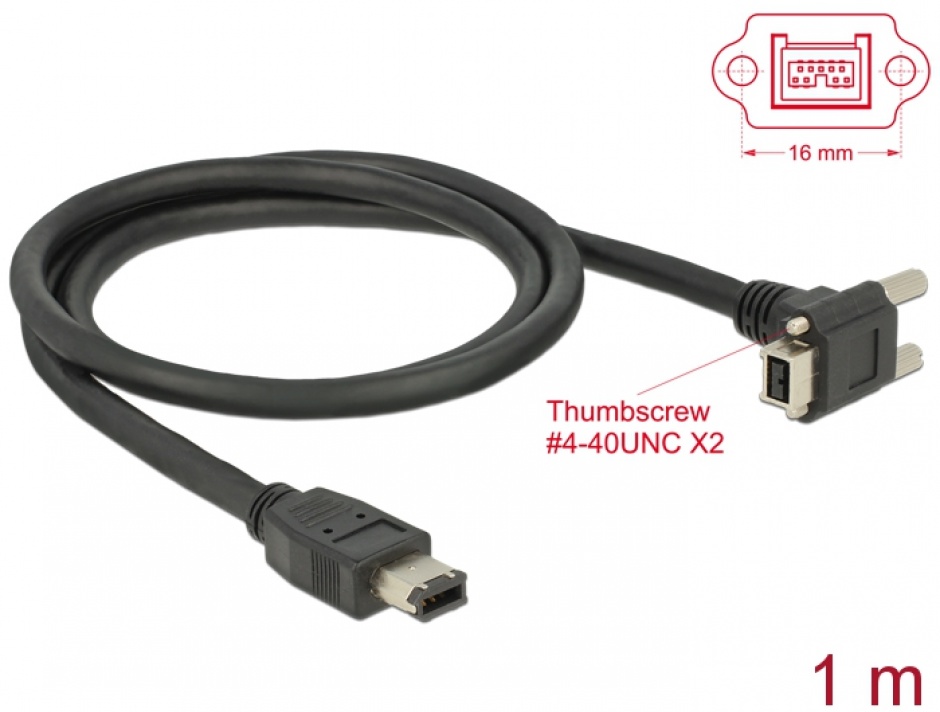 Imagine Cablu FireWire 9 pini la 6 pini unghi 90 cu suruburi 1m, Delock 83588