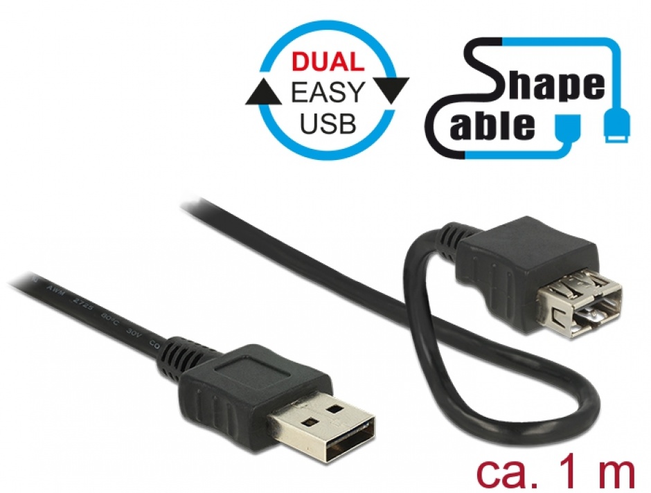 Imagine Cablu EASY-USB 2.0-A T-M Shape Cable 1m Negru, Delock 83664
