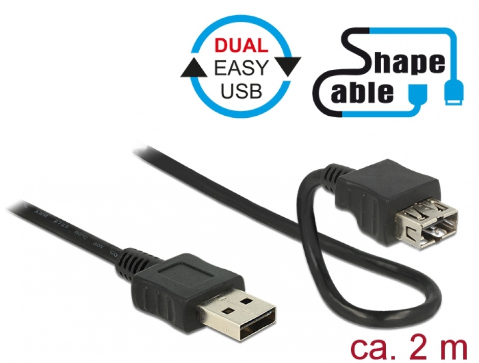 Imagine Cablu EASY-USB 2.0-A T-M Shape Cable 2m Negru, Delock 83665