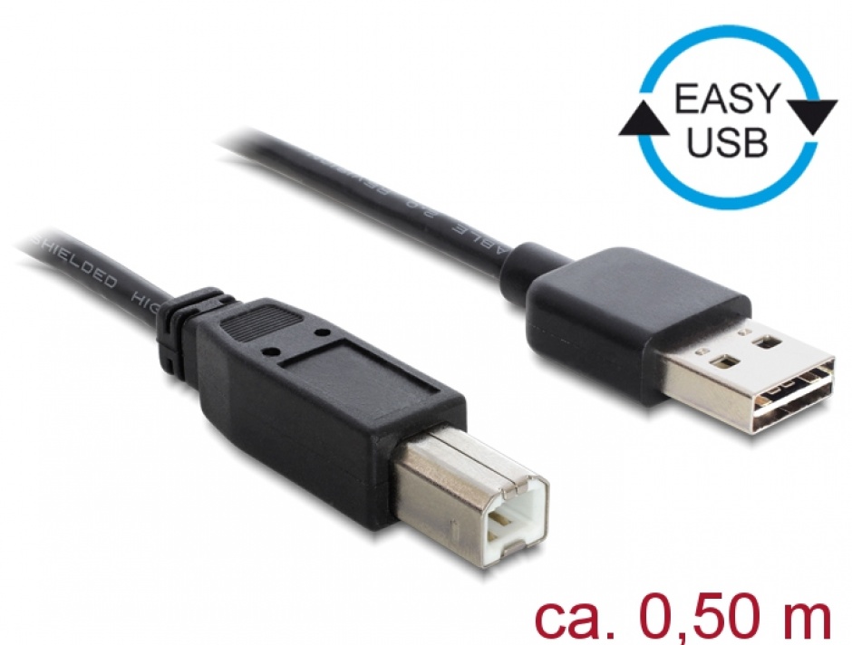 Imagine Cablu EASY-USB 2.0 tip A la USB-B T-T 0.5m Negru, Delock 83684 