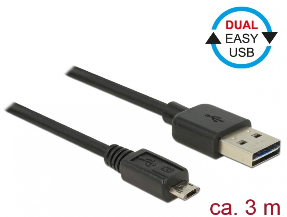Imagine Cablu EASY-USB 2.0 tip A la EASY-USB 2.0 tip Micro-B T-T Negru 3m, Delock 83851