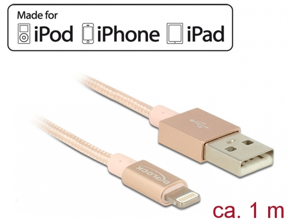 Imagine Cablu de date + incarcare Lightning MFI pentru iPhone, iPad, iPod Rose 1m, Delock 83875 