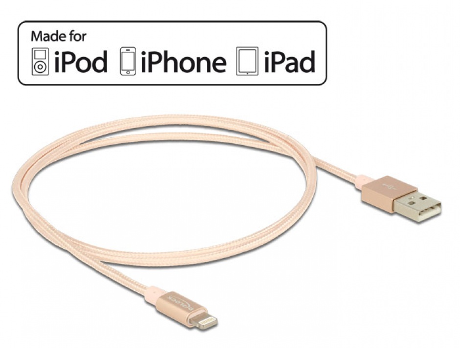 Imagine Cablu de date + incarcare Lightning MFI pentru iPhone, iPad, iPod Rose 1m, Delock 83875