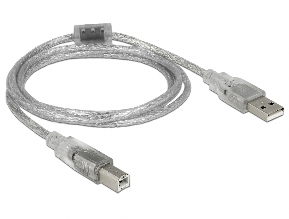 Imagine Cablu USB 2.0 tip A-B cu ferita 1.5m transparent, Delock 83893 