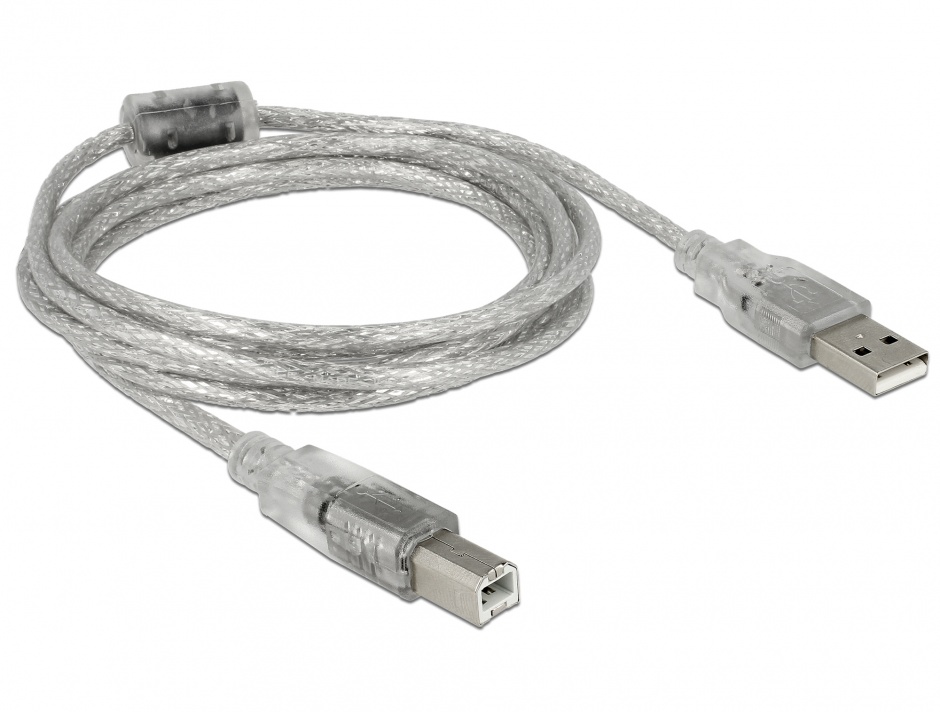 Imagine Cablu USB 2.0 tip A-B cu ferita 2m transparent, Delock 83894 