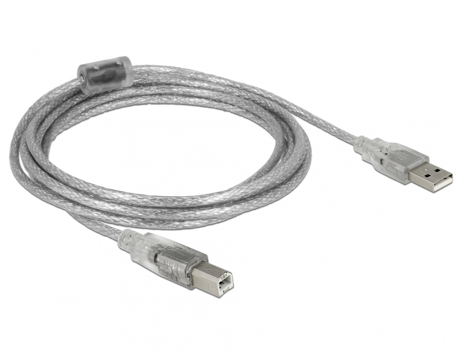 Imagine Cablu USB 2.0 tip A-B cu ferita 3m transparent, Delock 83895