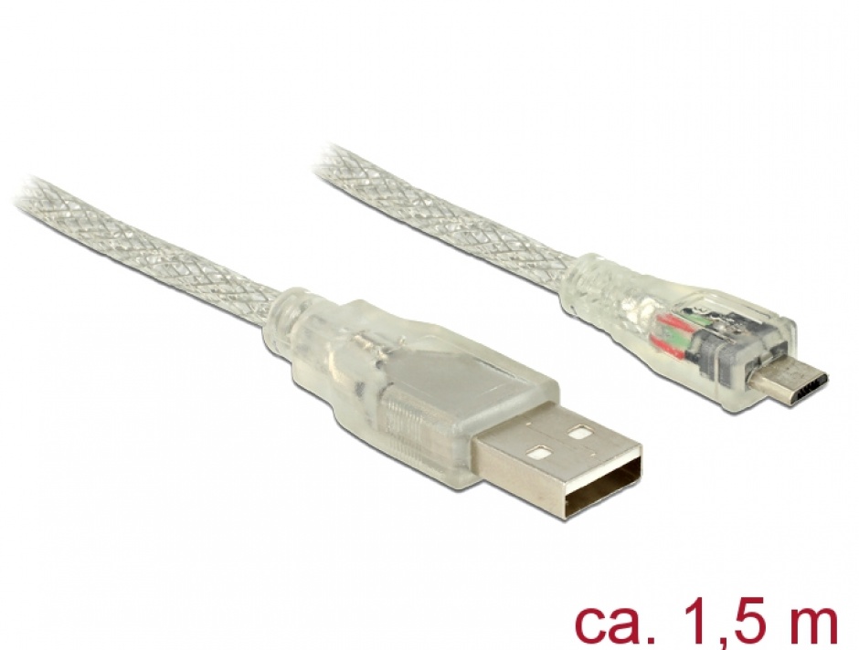 Imagine Cablu USB la micro USB-B 2.0 T-T 1.5m transparent, Delock 83899