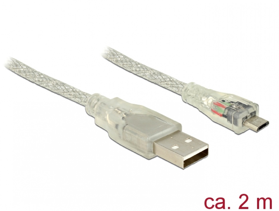 Imagine Cablu USB la micro USB-B 2.0 T-T 2m transparent, Delock 83901