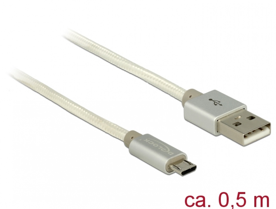 Imagine Cablu de incarcare + date micro USB-B la USB 2.0 T-T Alb 0.5m, Delock 83915