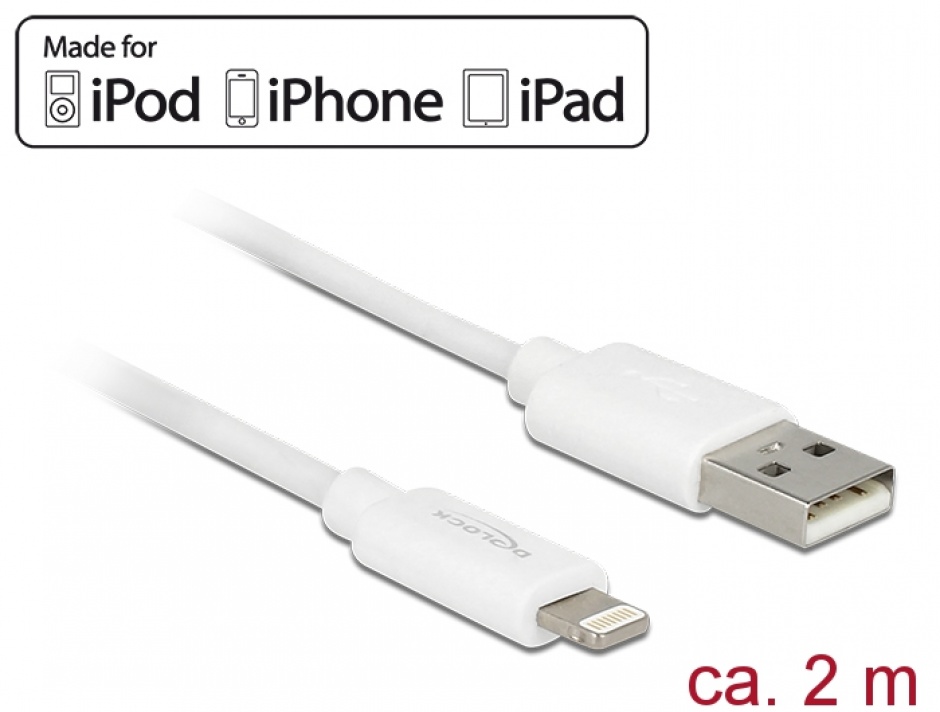 Imagine Cablu de date + incarcare Lightning MFI pentru iPhone, iPad, iPod Alb 2m, Delock 83919 