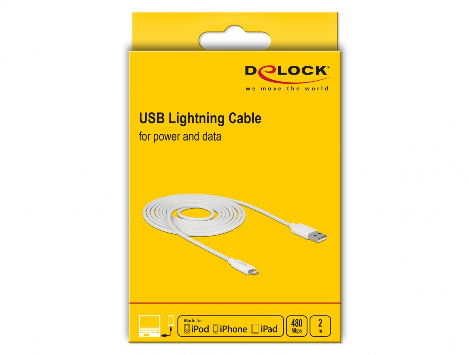 Imagine Cablu de date + incarcare Lightning MFI pentru iPhone, iPad, iPod Alb 2m, Delock 83919