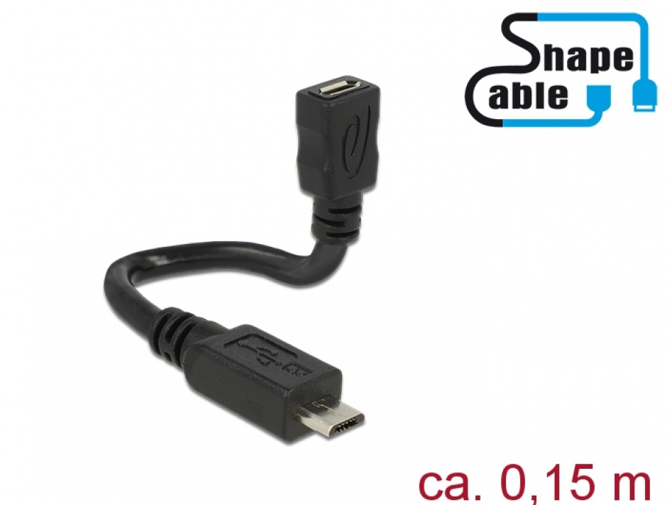 Imagine Cablu prelungitor micro USB-B 5 pini 2.0 T-M OTG ShapeCable 0.15m, Delock 83923