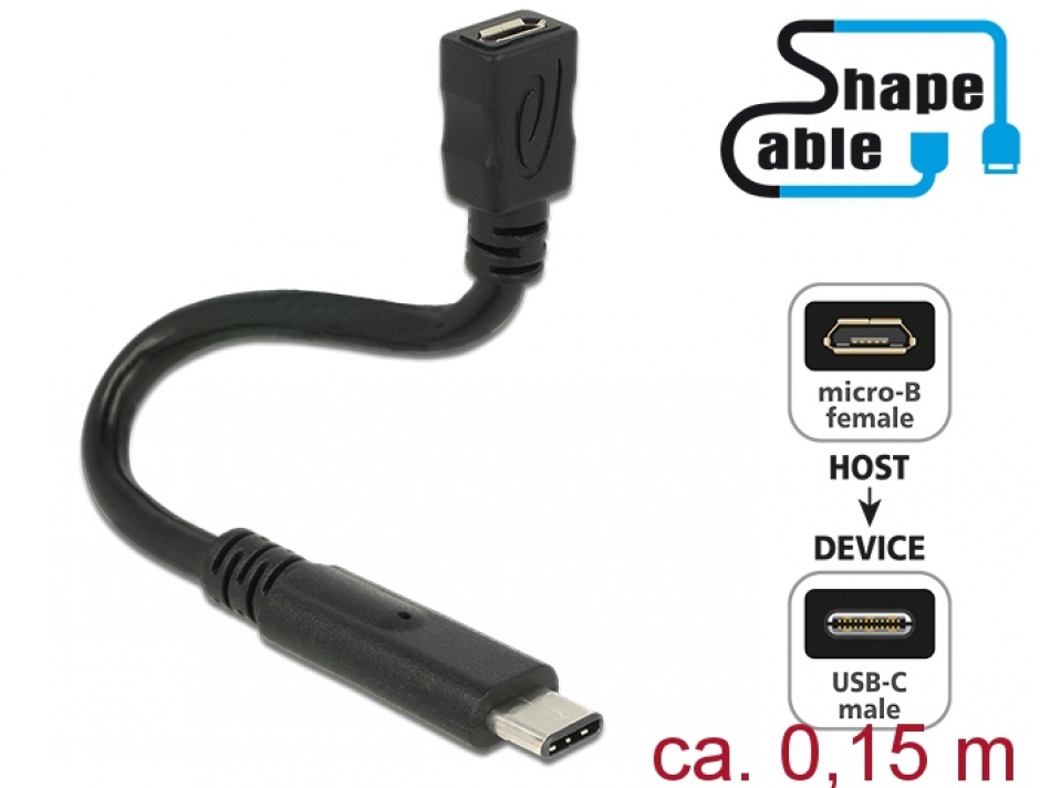 Imagine Cablu micro USB-B 2.0 la USB-C M-T Negru ShapeCable 0.15m, Delock 83929