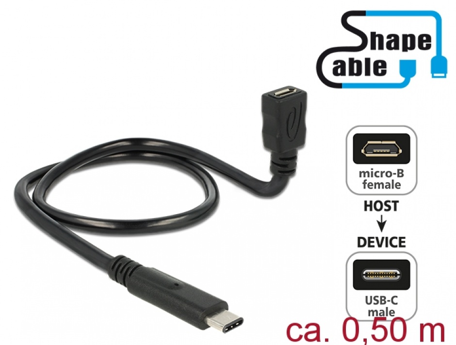 Imagine Cablu micro USB-B 2.0 la USB-C M-T Negru ShapeCable 0.5m, Delock 83931