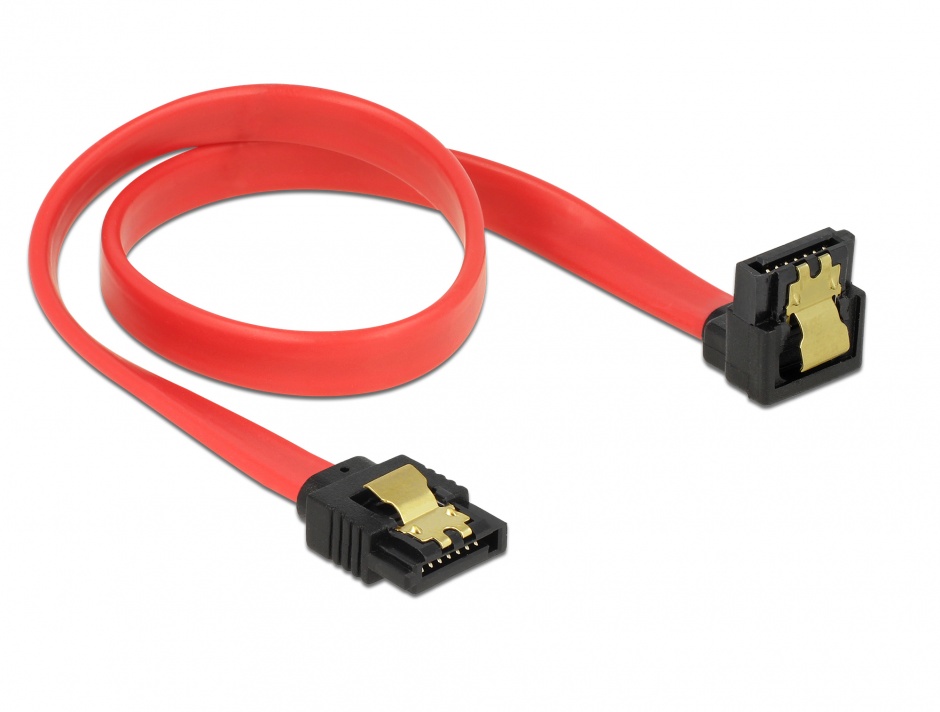 Imagine Cablu SATA III 6 Gb/s drept/jos cu fixare rosu 30cm, Delock 83978 
