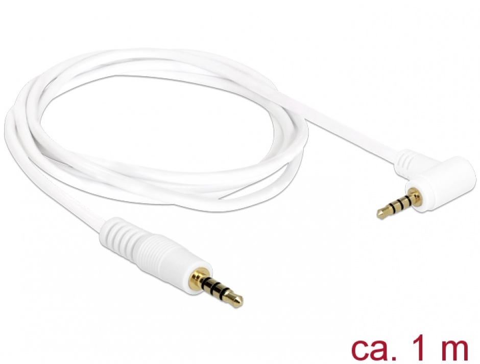 Imagine Cablu Stereo Jack 3.5 mm 4 pini unghi 1m T-T Alb, Delock 84738