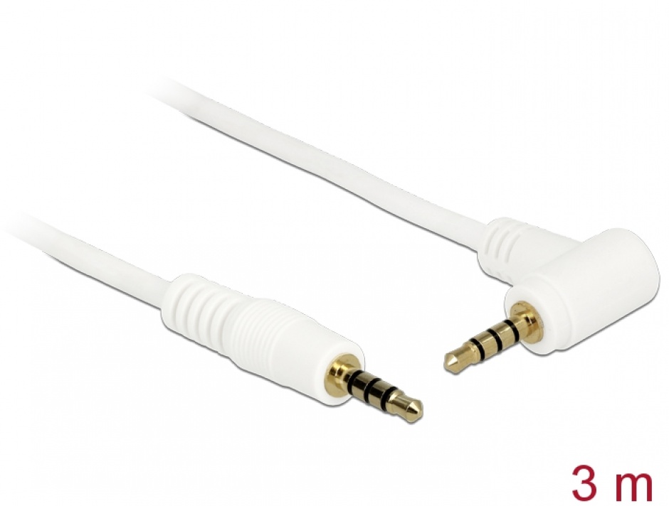 Imagine Cablu Stereo Jack 3.5 mm 4 pini unghi 3m T-T Alb, Delock 84741