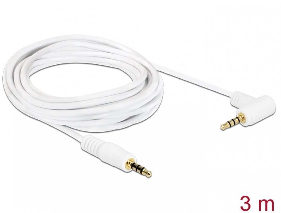 Imagine Cablu Stereo Jack 3.5 mm 4 pini unghi 3m T-T Alb, Delock 84741