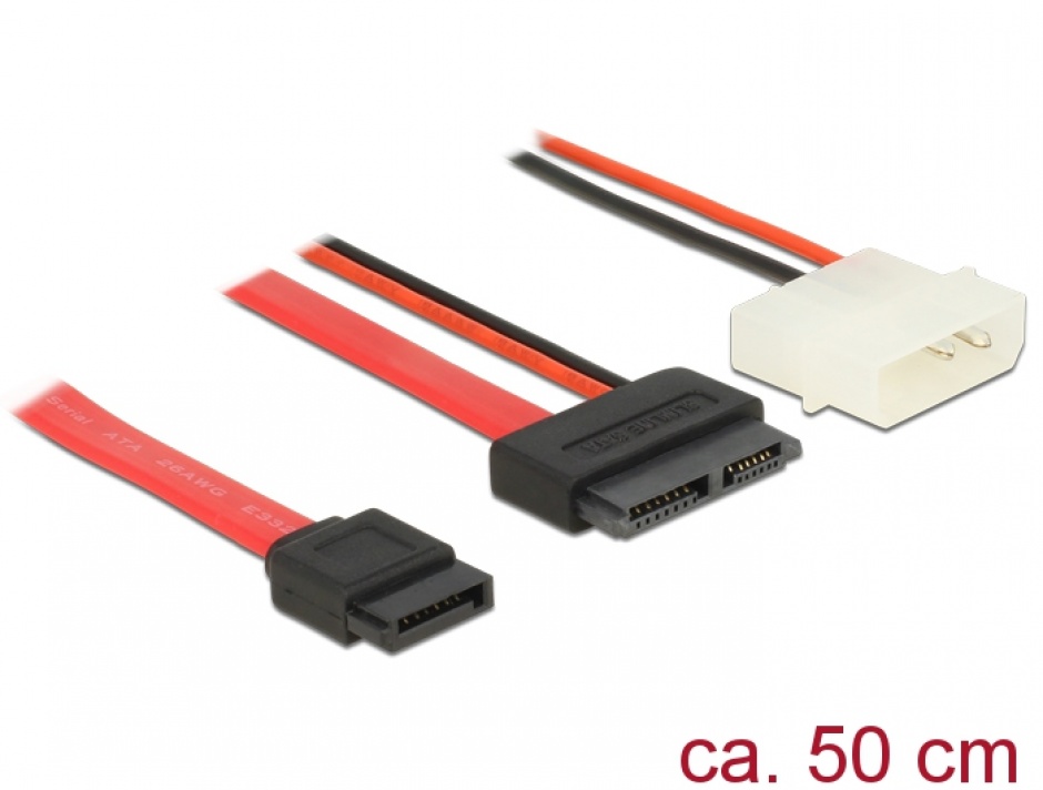 Imagine Cablu Slim SATA la SATA 7 pini + 2 pini alimentare M-T 50cm, Delock 84790