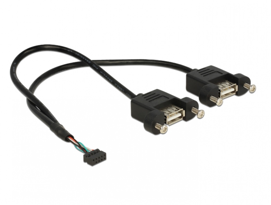 Imagine Cablu USB 2.0 pin header female 2.00 mm 10 pini la 2 x USB 2.0-A 25cm, Delock 84832
