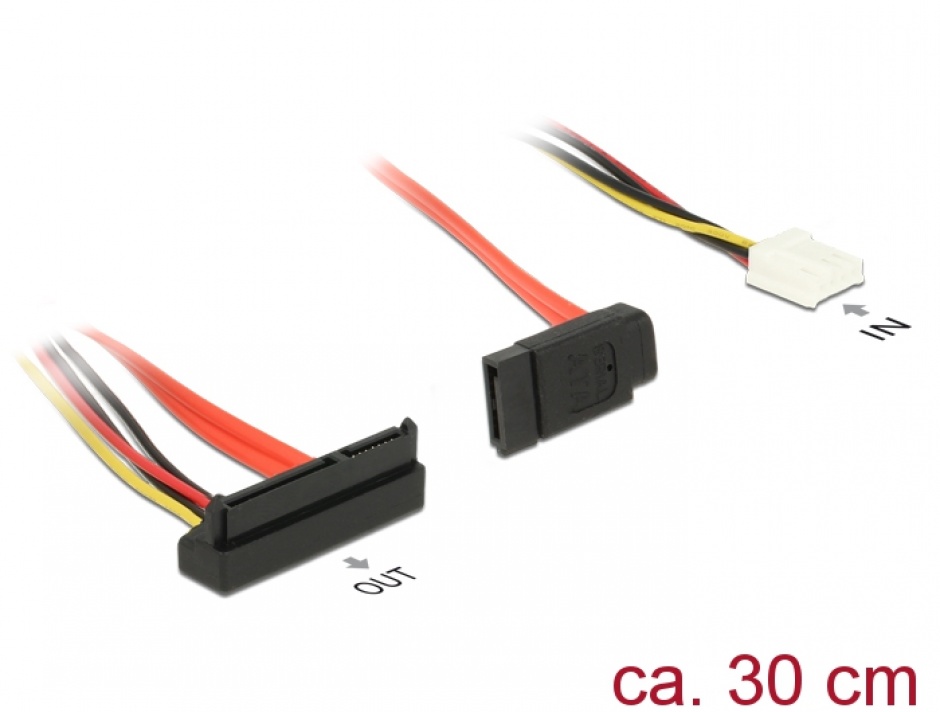 Imagine Cablu de alimentare SATA 7 pini + alimentare Molex la SATA 22 pini unghi jos 30cm, Delock 84854 