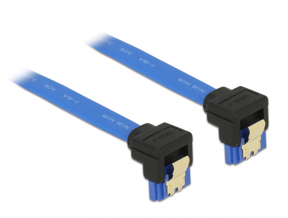Imagine Cablu SATA III 6 Gb/s unghi jos/jos Bleu 10cm, Delock 85094
