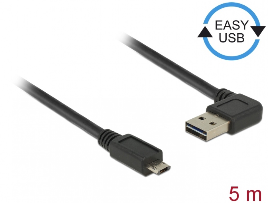 Imagine Cablu EASY-USB 2.0 tip A unghi stanga/dreapta la micro USB-B EASY-USB T-T 5m Negru, Delock 85169