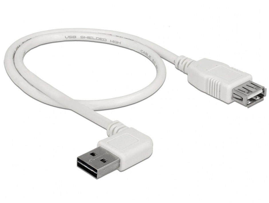 Imagine Cablu prelungitor EASY-USB 2.0 tip A unghi stanga/dreapta T-M 0.5m Alb, Delock 85178