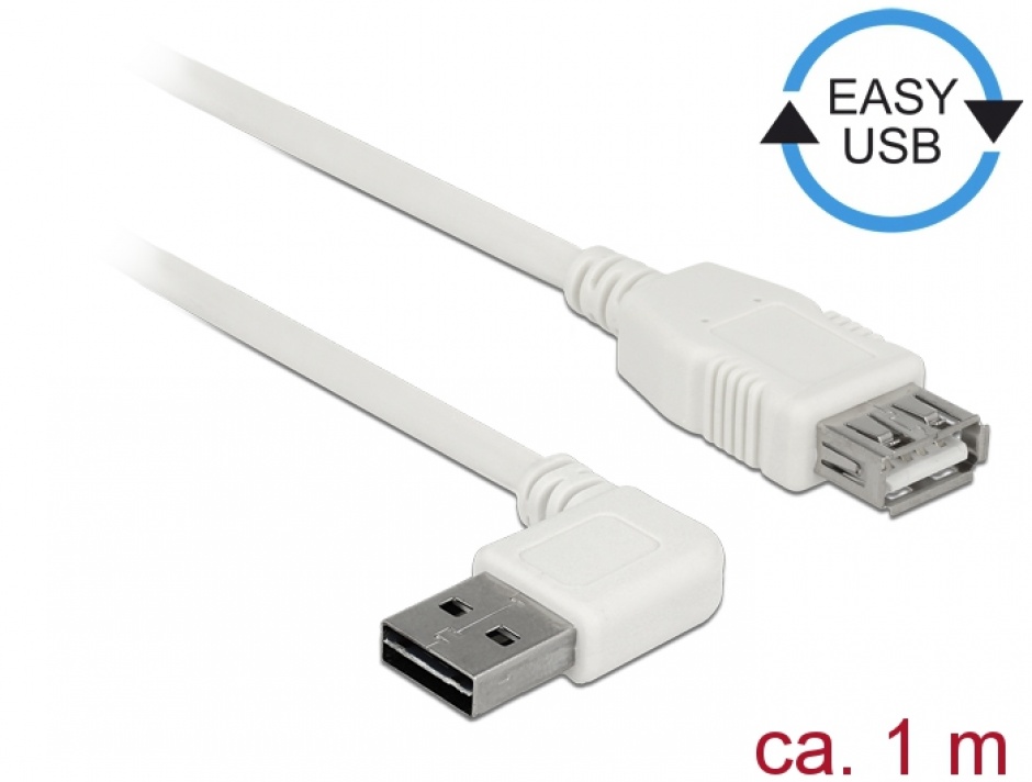 Imagine Cablu prelungitor EASY-USB 2.0 tip A unghi stanga/dreapta T-M 1m Alb, Delock 85179