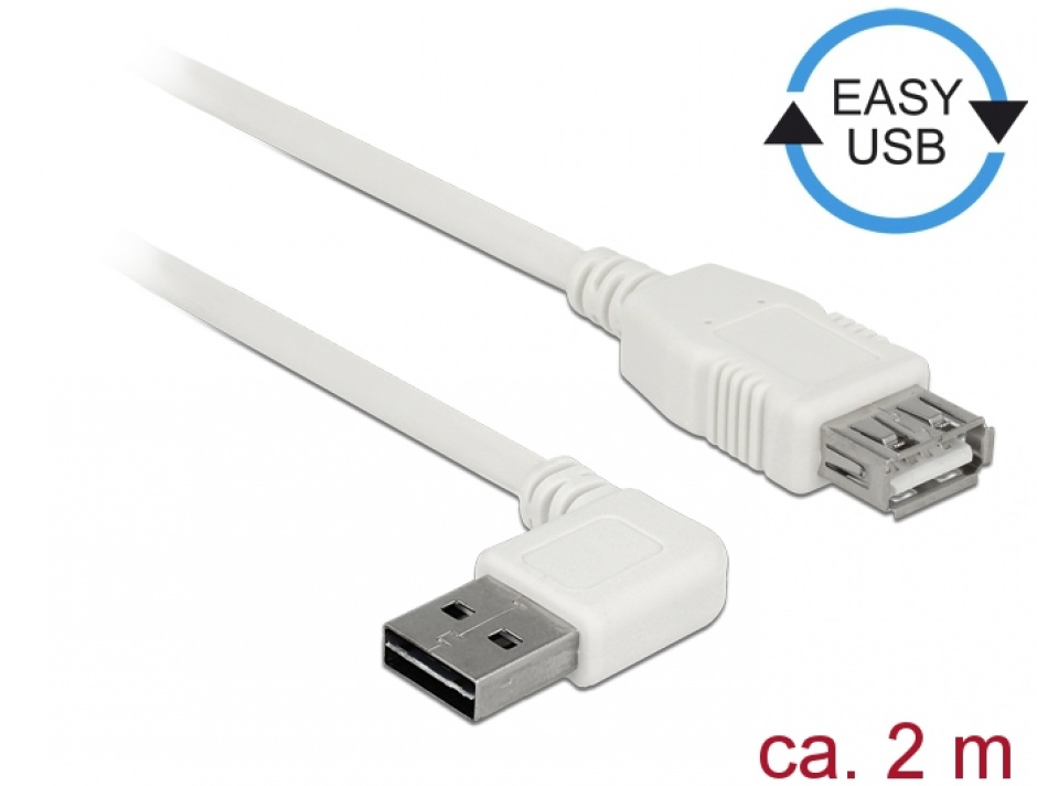 Imagine Cablu prelungitor EASY-USB 2.0 tip A unghi stanga/dreapta T-M 2m Alb, Delock 85180