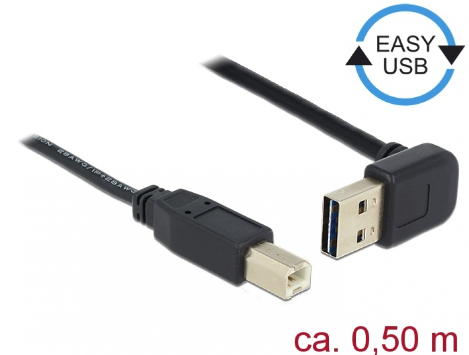 Imagine Cablu EASY-USB 2.0 tip A unghi sus/jos la USB-B T-T 0.5m Negru, Delock 85183