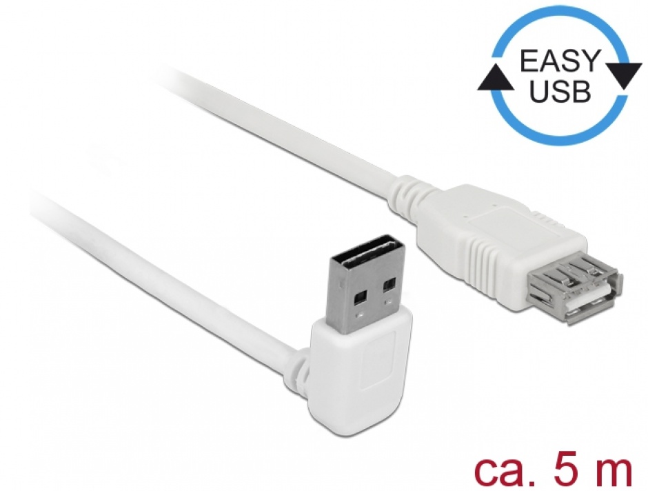 Imagine Cablu prelungitor EASY-USB 2.0 tip A unghi sus/jos T-M 5m Alb, Delock 85190