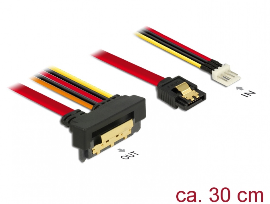 Imagine Cablu de date + alimentare SATA 22 pini 6 Gb/s cu clips la Floppy 4 pini tata + SATA 7 pini unghi jos/drept 30cm, Delock 85233