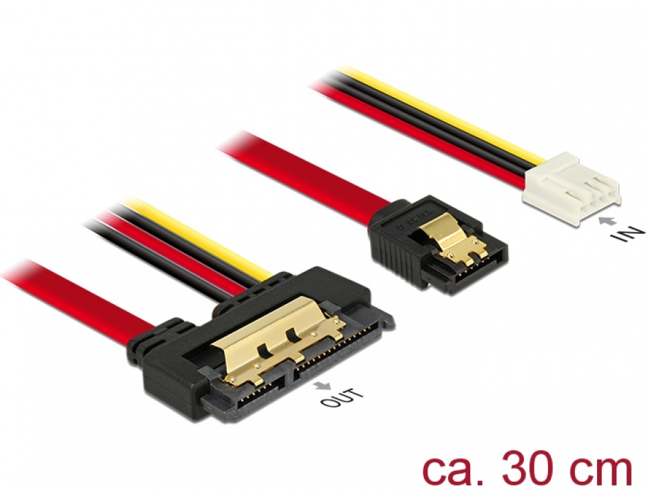 Imagine Cablu de date + alimentare SATA 22 pini 6 Gb/s cu clips la Floppy 4 pini mama + SATA 7 pini 30cm, Delock 85234