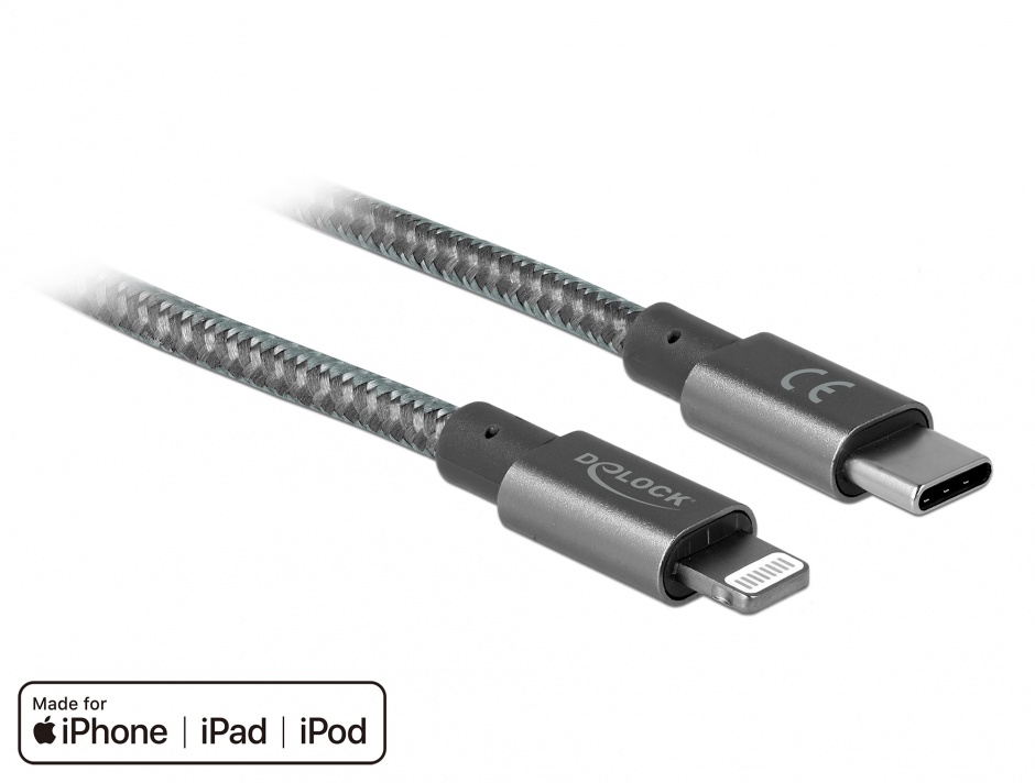 Imagine Cablu de date si incarcare USB-C la iPhone Lightning MFI 1m Gri, Delock 85297