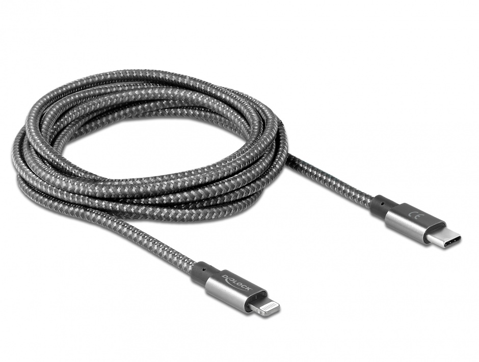 Imagine Cablu de date si incarcare USB-C la iPhone Lightning MFI 2m Gri, Delock 85298