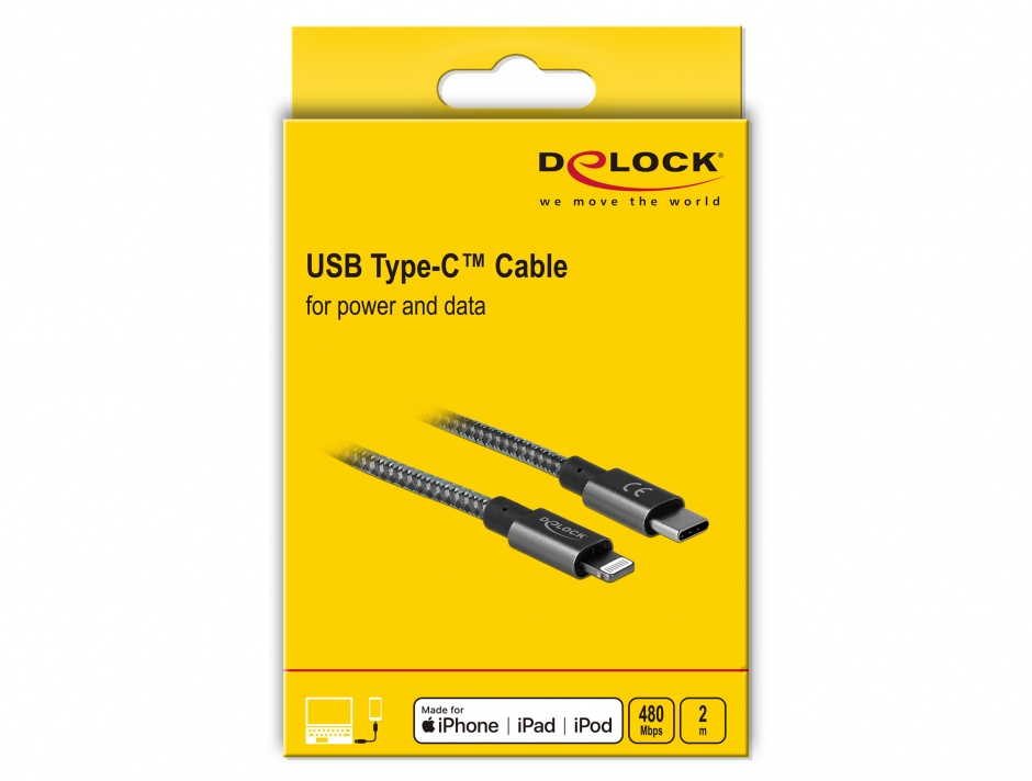 Imagine Cablu de date si incarcare USB-C la iPhone Lightning MFI 2m Gri, Delock 85298
