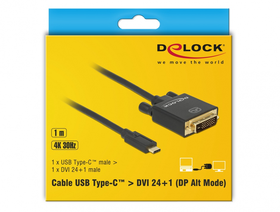 Imagine Cablu USB-C la DVI 24+1 male (DP Alt Mode) 4K 30 Hz 1m Negru, Delock 85320
