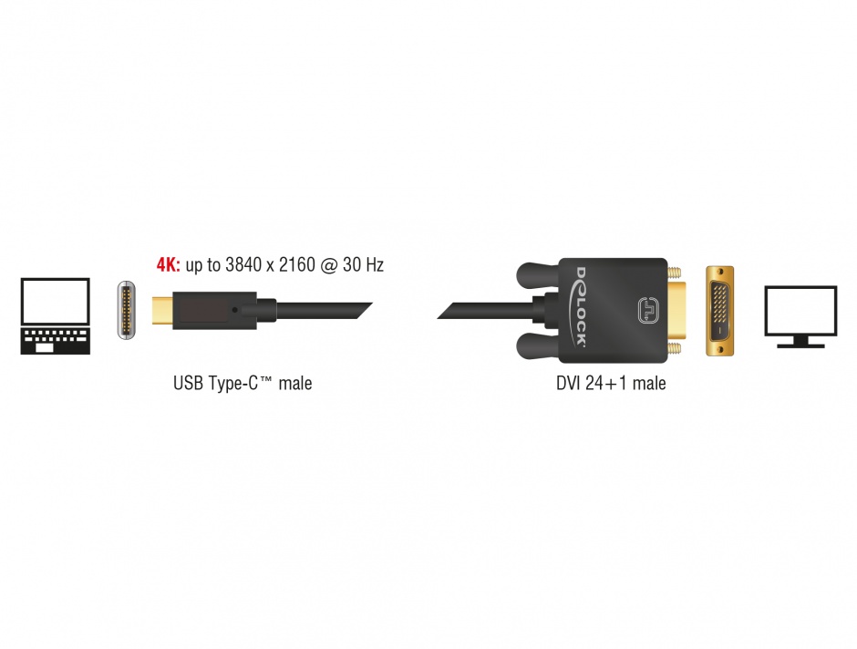 Imagine Cablu USB-C la DVI 24+1 male (DP Alt Mode) 4K 30 Hz 2m Negru, Delock 85321