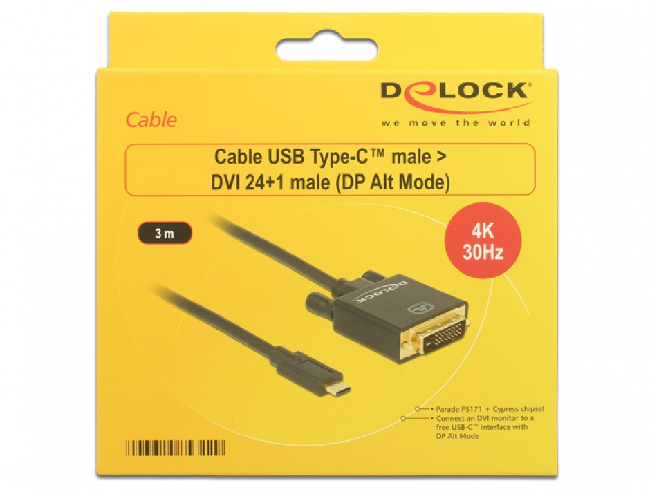 Imagine Cablu USB-C la DVI 24+1 male (DP Alt Mode) 4K 30 Hz 3m Negru, Delock 85322