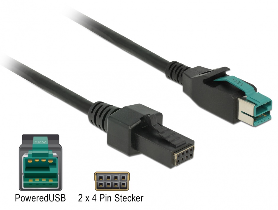 Imagine Cablu PoweredUSB 12 V la 2 x 4 pini T-T 1m pentru POS/terminale, Delock 85482