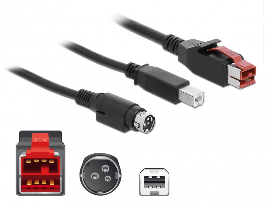 Imagine Cablu PoweredUSB 24V la USB-B + Hosiden Mini-DIN 3 pini 3m pentru POS/terminale, Delock 85489