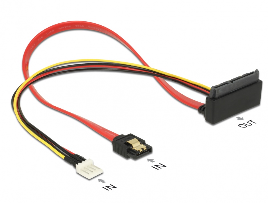 Imagine Cablu SATA III 6 Gb/s + alimentare Floppy 4 pini la SATA 22 pini unghi sus 30cm, Delock 85518 