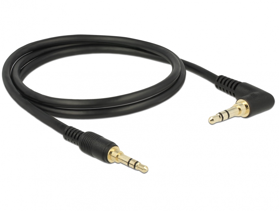 Imagine Cablu Stereo Jack 3.5 mm 3 pini (pentru smartphone cu husa) unghi 1m T-T Negru, Delock 85566