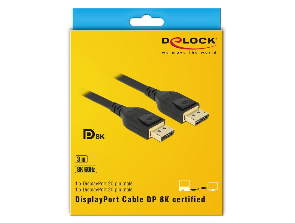 Imagine Cablu Displayport 8K / 4K@ 240Hz (DP 8K certificat) T-T 3m Negru, Delock 85661