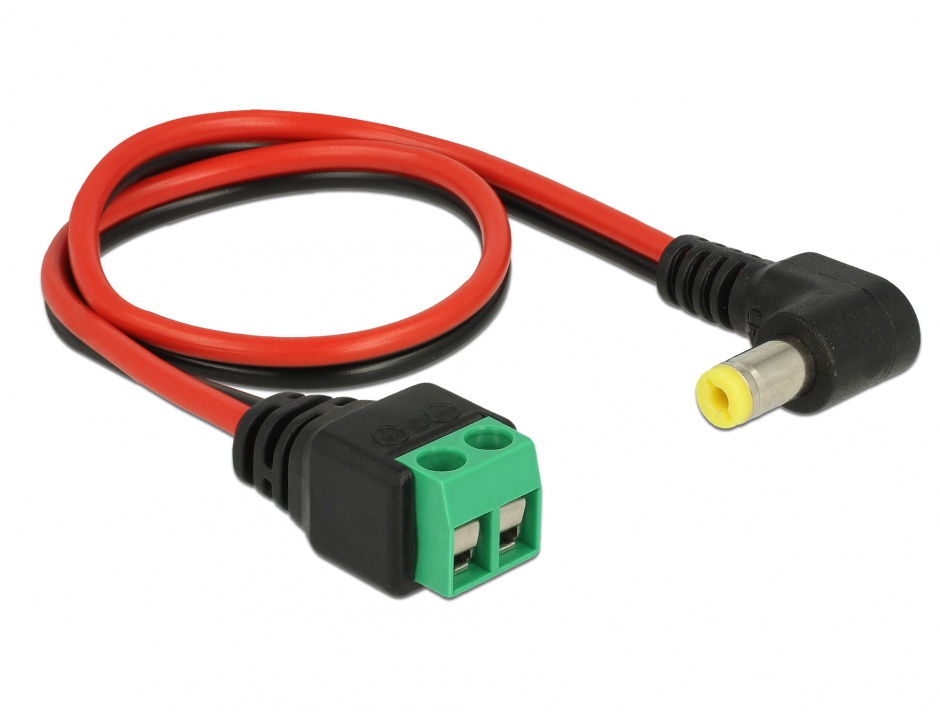 Imagine Cablu de alimentare DC 5.5 x 2.1 mm unghi 90 grade la bloc terminal 2 pini 30cm, Delock 85716