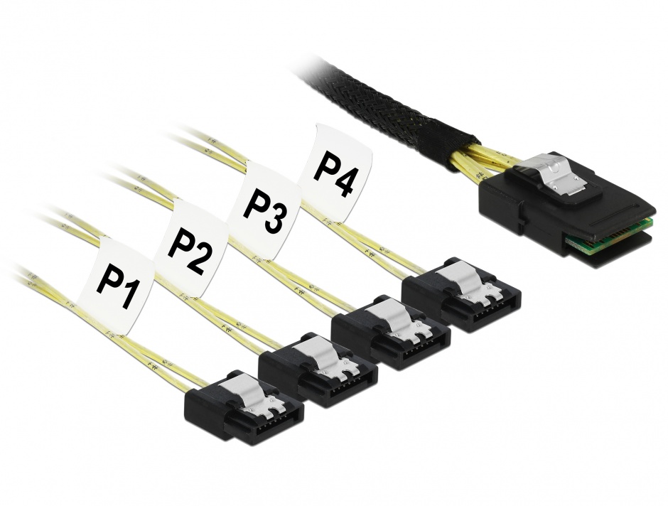 Imagine Cablu Mini SAS SFF-8087 la 4 x SATA 7 pini 1m metal, Delock 85731